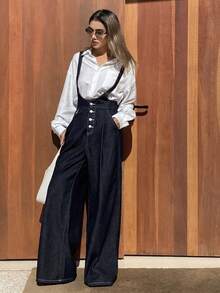 DAZY 女士束腰优雅宽松直筒牛仔背带裤和连体裤 - 深色水洗藍 - 查看 3