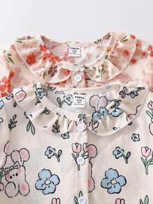 4pcs/Set Young Girl' Ditsy Floral Ruffle Collar Cardigan & Pants Set - Multicolor - View 7