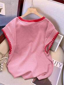 Resyla Áo thun nữ thời trang tay dài thêu hình mèo dễ thương, phối màu sọc kiểu Mỹ cổ điển. - Bụi tím - Xem 2