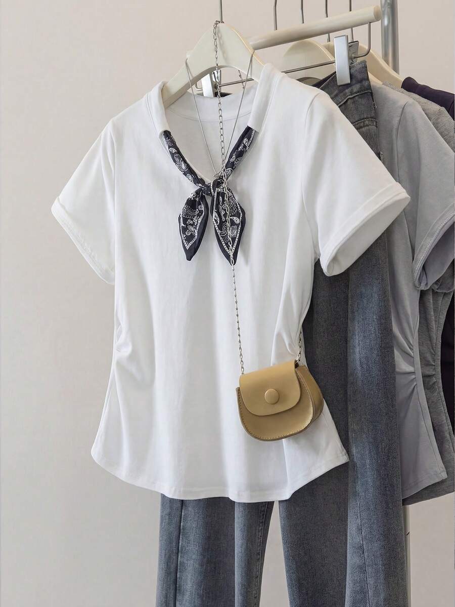 GlowEve 女士V领系带休闲褶皱短袖T恤，夏季 - 白色 - 查看 1