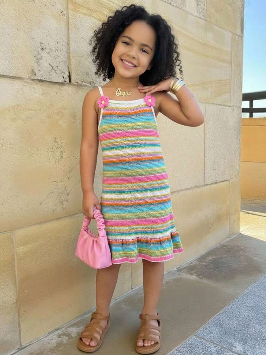 SHEIN Young Girl' Cute Rainbow Striped 3D Floral Decor Ruffle Hem Strap Casual Dress, Suitable For Daily Outings And Vacation - Multicolor - View 1