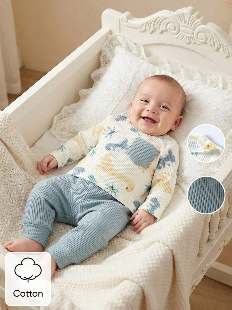 SHEIN 新生男宝宝白色皮特图案卡通恐龙图案印花拼接绿色口袋长袖上衣配绿色裤子两件套可爱休闲运动时尚新品 - 藍色 - 查看 1