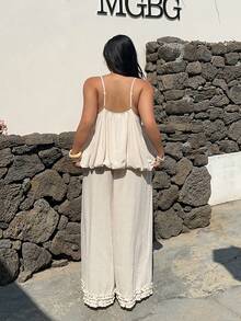 Sunnyshic Bộ đồ 2 món cỡ lớn, kiểu dáng thường ngày, họa tiết hoa, gồm áo hai dây và quần ống rộng, thích hợp cho kỳ nghỉ. - Màu be - Xem 3