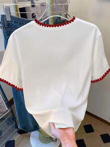 Resyla 女士时尚休闲落肩圆领贝壳刺绣T恤，樱花刺绣T恤，樱花毛巾刺绣T恤，休闲舒适户外T恤，四季皆宜T恤，水果T恤 - 白色 - 查看 2