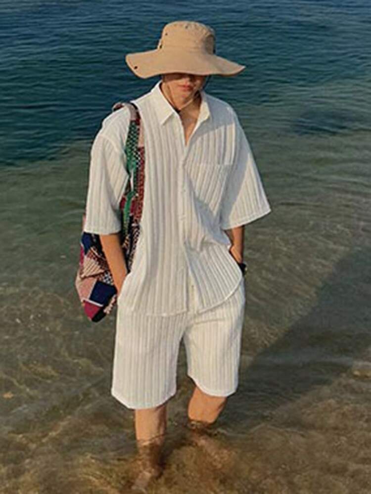 Men's Textured Fabric White Short Sleeve Shirt And Shorts Set, Summer