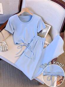 Franclia Matching Short Round Neck Raglan Sleeve Top + Straight Leg Pants With Slant Pockets - Blue - View 1