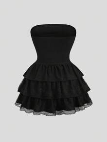 Sweetra Đầm mini nữ màu đen chất liệu vải dệt họa tiết khoét rỗng, ôm eo, hở lưng, dáng chữ A, phối ren, gợi cảm và sang trọng cho mùa xuân/hè, phong cách châu Âu và Mỹ, thích hợp cho tiệc tùng, hẹn hò, du lịch. - màu đen - Xem 2