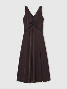 Lumivelle Women's New Spring/Summer Deep V-Neck Lace Sheer Hollow-Out Patchwork High Slit Satin Sexy Elegant Sleeveless Dress - Brown - View 5