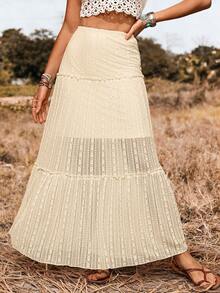 SHEIN LilyWest 2026春夏新款女士优雅性感百搭蕾丝荷叶边衬里半身裙，适合派对、休闲、度假、约会等场合（随机印花） - 杏色 - 查看 5