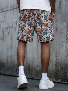 Manfinity Homme 1件男士街頭風花卉提花短褲，抽繩休閒夏威夷米色夏季波希米亞沙灘度假短褲，百搭舒適禮物 - 彩色 - 查看 2