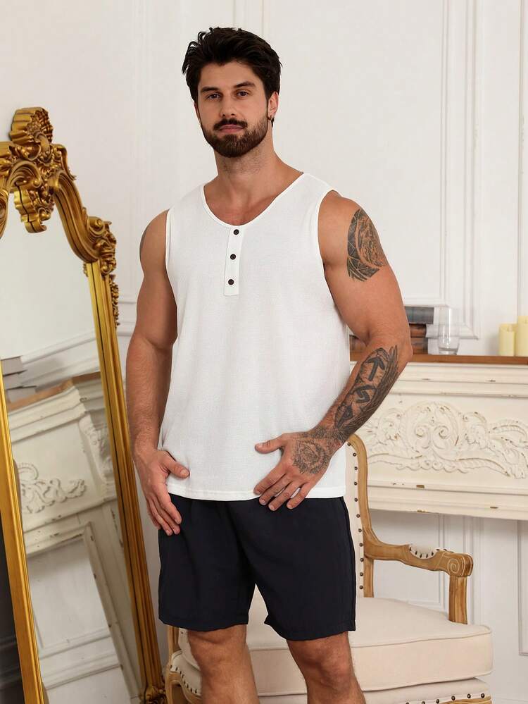 Men's Solid White Tank Top And Shorts Pajama Set, Summer