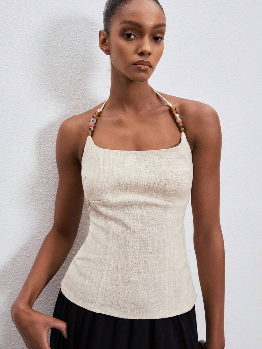 ATUI Studio Apricot Beaded Halter Neck Top For Women - White - View 1