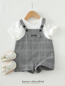 Cozy Pixies Bộ áo liền quần mùa hè cho bé trai, có túi phía trước, trang trí nhãn dệt, vải kẻ caro, dây đeo có thể điều chỉnh. - Nhiều màu - Xem 6