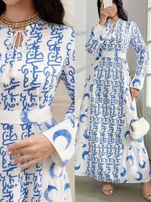 Al Najma Đầm kiểu Ả Rập thanh lịch dành cho nữ, in họa tiết toàn thân, cổ xoắn, thắt eo, thích hợp cho mùa thu. - Nhiều màu - Xem 9