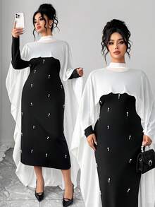 Elenzga Bộ váy maxi dáng suông bằng vải lưới cổ tròn rộng rãi dành cho nữ cỡ lớn, kiểu dáng Trung Đông thanh lịch và lãng mạn, thích hợp làm váy cưới. - Đen và trắng - Xem 3