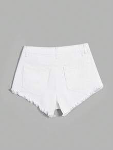 SHEIN EZwear 女士休闲时尚街头风日常通勤百搭做旧毛边白色牛仔短裤，夏季 - 白色 - 查看 2
