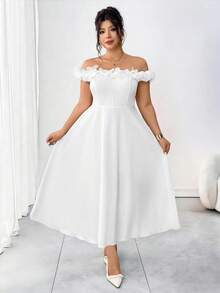 SHEIN PETITE CURVE 大码女士优雅露肩碎花连衣裙，适合约会和外出穿着 - 白色 - 查看 1