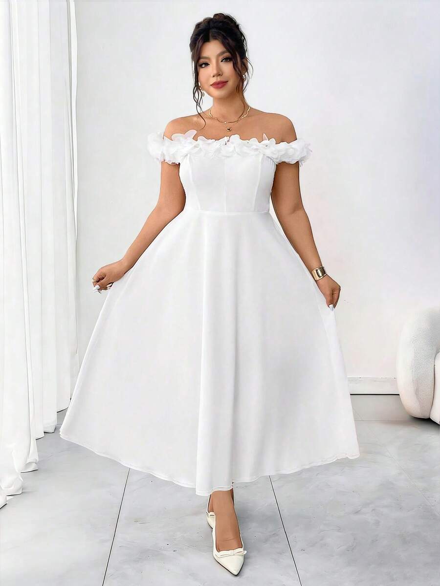SHEIN PETITE CURVE 大码女士优雅露肩碎花连衣裙,适合约会和外出穿着 - 白色 - 查看 1