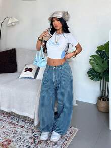 StreetHx Y2K Fashion Casual Street Style Striped Low-Waist Flared Jeans - Medium Wash - View 6