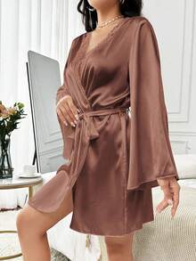 Snug Zone Women's Solid Color Lace Contrast Long Sleeve Casual Belted Robe Luxe Loungewear, Cozy And Elegant Details, Fall & Winter - Rust Brown - View 4