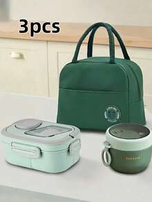 3pcs Lunch Box Set, Including Lunch Box, Insulated Bag, Breakfast Cup, Suitable For Work, School, And Outdoor Transportation, Lunch Box, Salad Cup, Insulated Suit. Partitioned Lunch Box, Back-To-School Season Student Supplies, Lunch Box, Lunch Bag. - Multicolor - View 11