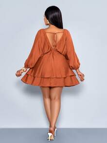 SOLERSUN Vestido casual de vacaciones para mujer de talla grande, unicolor con cuello en V, dobladillo de doble capa, vestido para festival de música, vestido de vacaciones, vestido de uso diario, vestido de Pascua, vestido mini naranja marrón, vacaciones en la playa, festival de música, vacaciones de lujo tranquilo, primavera y verano - Marrón - Ver 2