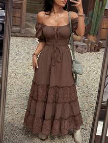 SHEIN EZwear White Vacation Women's Off-Shoulder Tie-Up Dress - Chocolate Brown - View 1