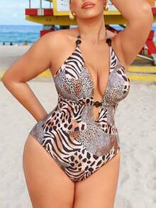 Swim SXY Costume da bagno intero sexy con stampa leopardata, adatto per taglie comode, per vacanze al mare - Multicolore - Visualizzare 3