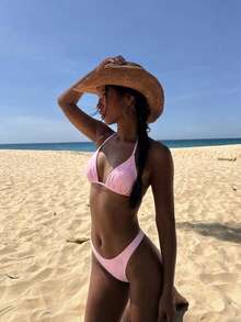 Swim Mod Halter Tie Pink Rhinestone Embellished Bikini Swimwear Set - Pink - View 3