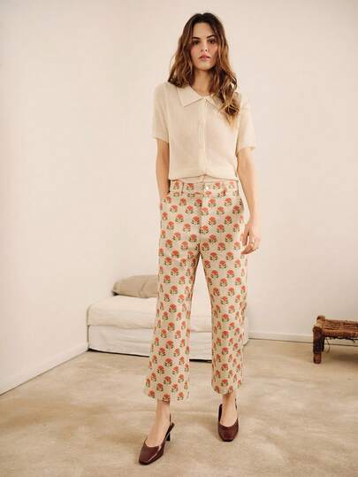 lacRébo Pantaloni albi cu talie înaltă, drepți, cu model floral geometric roșu, primăvară-vară