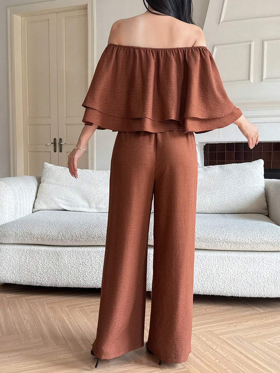 Women's Elegant Solid Color Ruffle Hem Jumpsuit, Summer Bandeau Jumpsuits For Women Lounge Sets For Women
