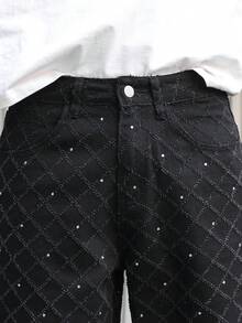 Manfinity Hypemode Men's Black Rhinestone Embroidered Loose Wide Leg Denim Shorts Streetwear Men Shorts Men's Diamond Shorts - Black - View 3