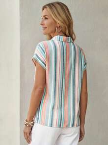 EMERY ROSE Striped Button Front Summer Women Shirts With Patch Pockets - Pink - View 3