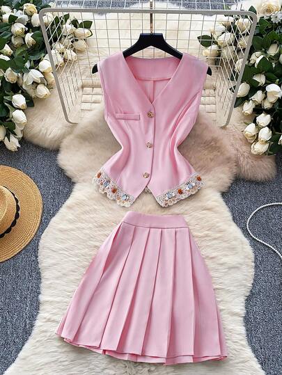 INAWLY Women's Sequin Patchwork Single-Breasted Vest And Pleated Mini Skirt 2 Pieces Set
