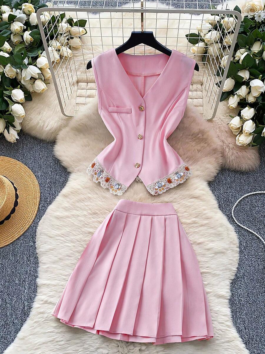 INAWLY Women's Sequin Patchwork Single-Breasted Vest And Pleated Mini Skirt 2 Pieces Set - Pink - View 1