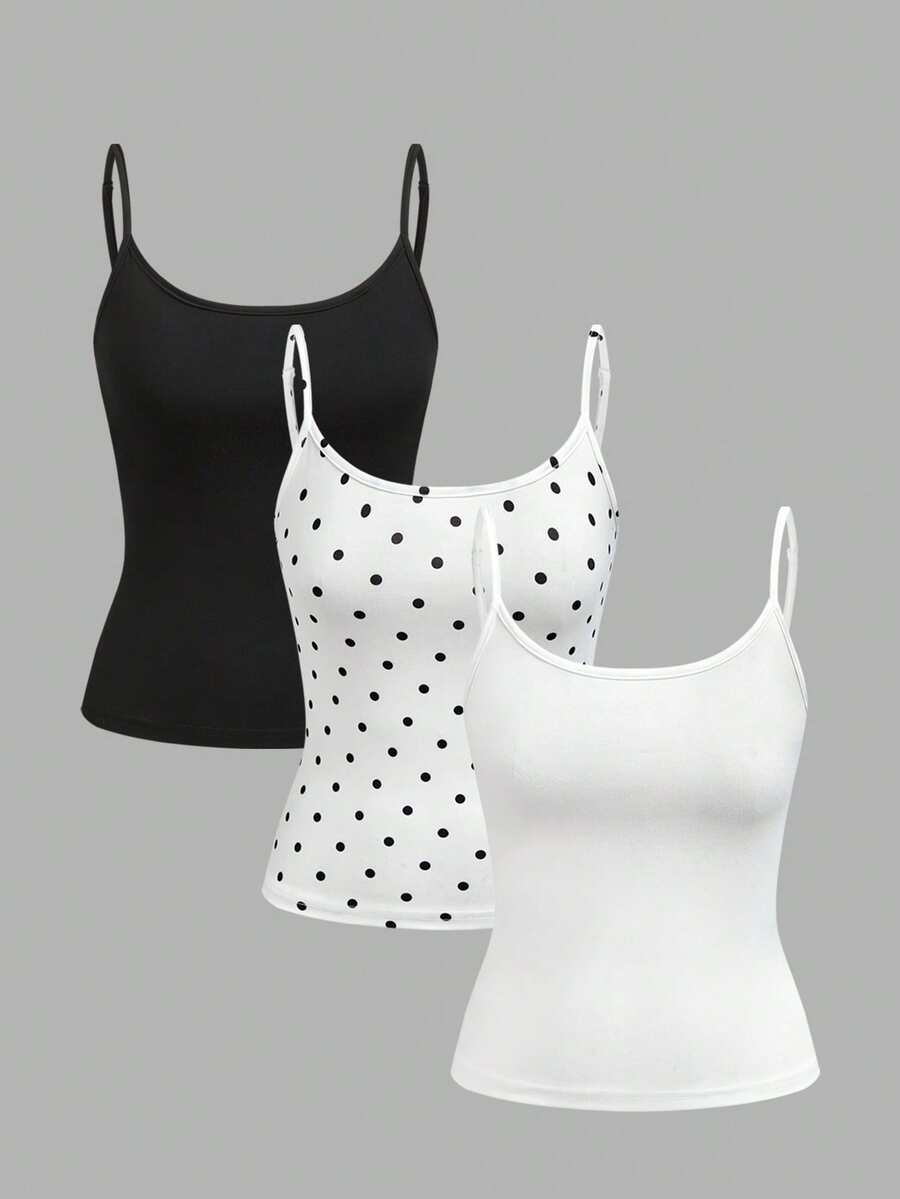 Comfortcana Bộ 3 áo hai dây croptop họa tiết chấm bi retro dành cho nữ, thích hợp cho các hoạt động mùa hè, phong cách đường phố, sân bay, thời trang thanh lịch, lễ hội âm nhạc, mặc nhà, đi biển, tiệc tùng, đám cưới, sinh nhật, kỳ nghỉ, phong cách Y2K. - Nhiều màu - Xem 1