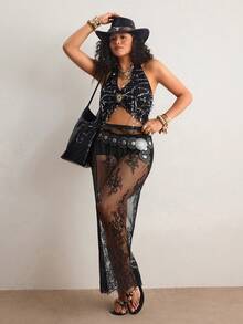 Freevana 大码女式黑色夏季时尚性感透视蕾丝超长百搭半身裙 - 黑色 - 查看 6