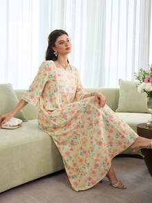 Al Najma Romantic Square Neck Lace Trim Long Sleeve Robe, Fashionable For Spring/Summer - Multicolor - View 6