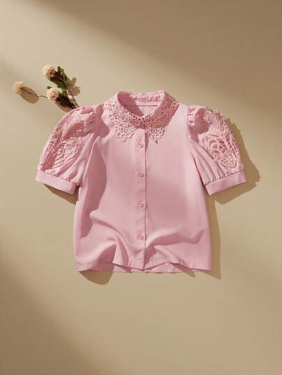 SHEIN Blusa de verano de manga corta para niñas, blusa de manga corta con cuello de encaje 3D floral, blusa de verano elegante y de moda princesa con mangas abullonadas de estilo retro y elegante en color rosa