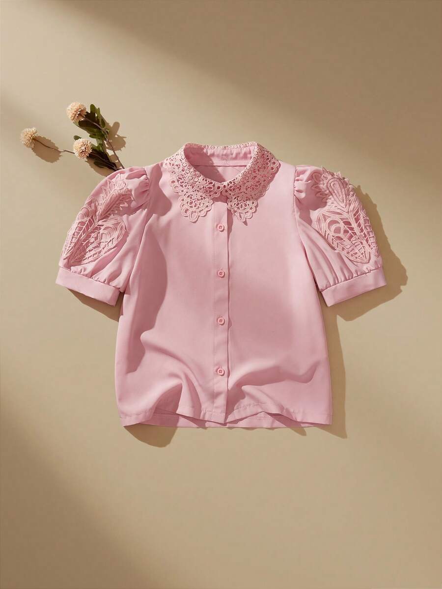 SHEIN 女童夏季短袖衬衫，蕾丝领3D立体花卉蕾丝短袖衬衫，复古宫廷风优雅少女时尚优雅夏季女童粉色泡泡袖公主袖上衣，优雅女童衬衫，女童粉色衬衫，儿童女童翻领衬衫，幼儿女童衬衫，女童翻领衬衫，优雅女童衬衫，少女可爱短袖衬衫，青少年女童衬衫，小女孩衬衫，可爱女童衬衫，13-14岁女童衬衫，夏季女式衬衫 - 粉色 - 查看 1