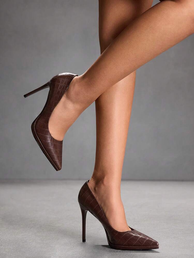 CUCCOO SZL Women's Fashion Casual Pointed Toe Crocodile Embossed High Heel Shoes Spring Shoes