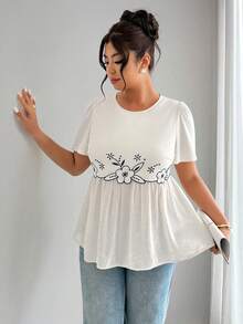 Elenzga Plus Size Women's Casual Everyday Elegant Round Neck Embroidered Splicing Blouse, Spring/Summer - Apricot - View 3