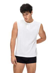 Men's REST ERA White Henley Neck Red & Black Contrast Letter Print Sleeveless Casual Top - White - View 5