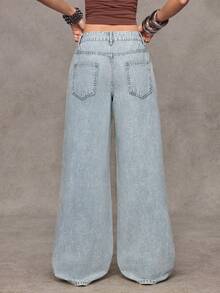 Jeanoix 女士Y2K时尚休闲条纹宽松阔腿牛仔裤 - 淺色水洗藍 - 查看 2