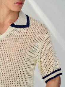 RONVEXI Men's Contrast Collar & Cuff Short Sleeve Knit Top - Multicolor - View 2