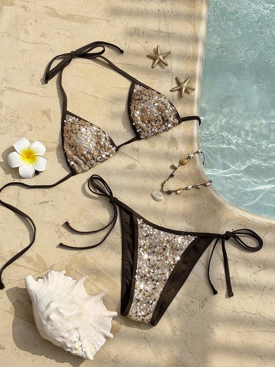 Swim Mod New Shiny Bandeau Bikini 2-Piece Set With Sequins, Women Swimwear For Vacation, Beach, Date - Brown - View 1