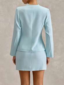 SHEIN Apricot Two Pieces Suit Set – Square Neck Buttoned Blazer With Long Sleeves & Matching High-Waist Mini Skirt Fake Linen - Apricot - View 2