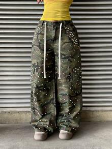 StreetHx Women's Faux Pearl Detail Drawstring Waist Loose Fit Jeans - Multicolor - View 4