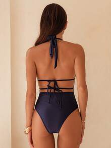 Swim Chiccia Women's Summer New Halter Hollow Front Metal Accessory Reflective Special Fabric Backless Sexy One-Piece Swimsuit - Blue - View 2