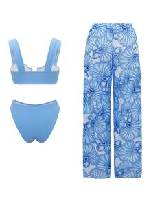 Swim Oasis Bộ đồ bơi gợi cảm cho nữ màu xanh trắng họa tiết hoa, cổ vuông và quần ống rộng, thích hợp cho kỳ nghỉ hè, đi biển. - Màu xanh lam - Xem 2
